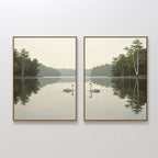 The "Twin Swans Serenity - Set of 2" features framed wall art prints of swans gliding on a tranquil lake amid trees and reflections, creating a peaceful, mirrored look—perfect for adding calm to Nordic-inspired home decor.