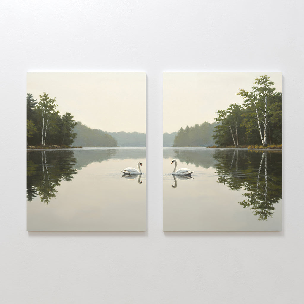 The Twin Swans Serenity - Set Of 2 features two canvas paintings of swans gliding on a tranquil lake, with reflected trees and a misty ambiance—ideal for adding calm, Nordic-inspired decor to your home.