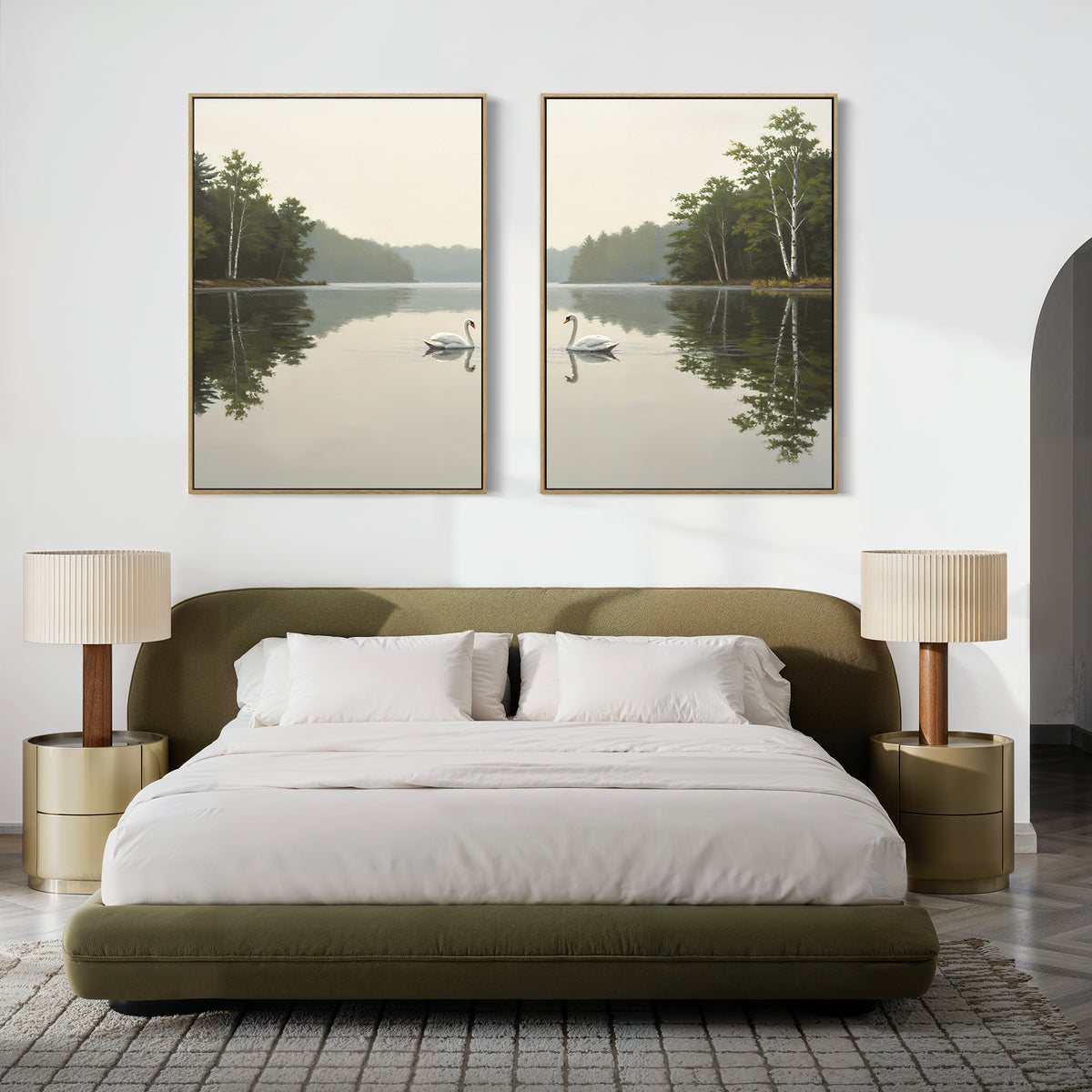 A modern bedroom with an olive green bed, white bedding, beige nightstands, and the "Twin Swans Serenity - Set Of 2" wall art above the bed—ideal for elegant Nordic home decor fans.