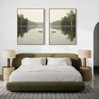 A modern bedroom with an olive green bed, white bedding, beige nightstands, and the "Twin Swans Serenity - Set Of 2" wall art above the bed—ideal for elegant Nordic home decor fans.