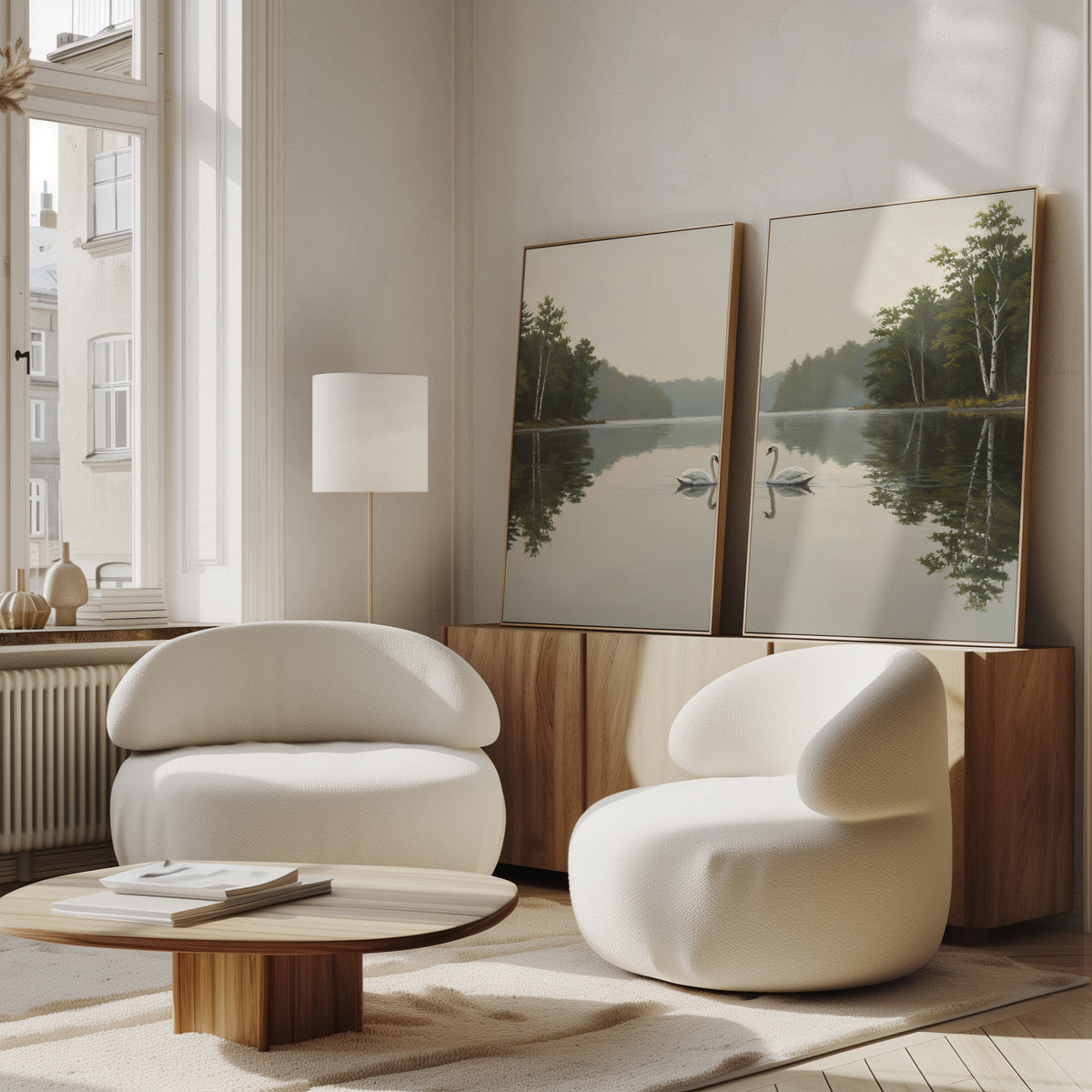 A bright, modern living room with two white, rounded armchairs, a wooden coffee table, and a sideboard. The Twin Swans Serenity - Set Of 2 wall art rests on the sideboard, adding calm and nature-inspired style to Nordic decor.