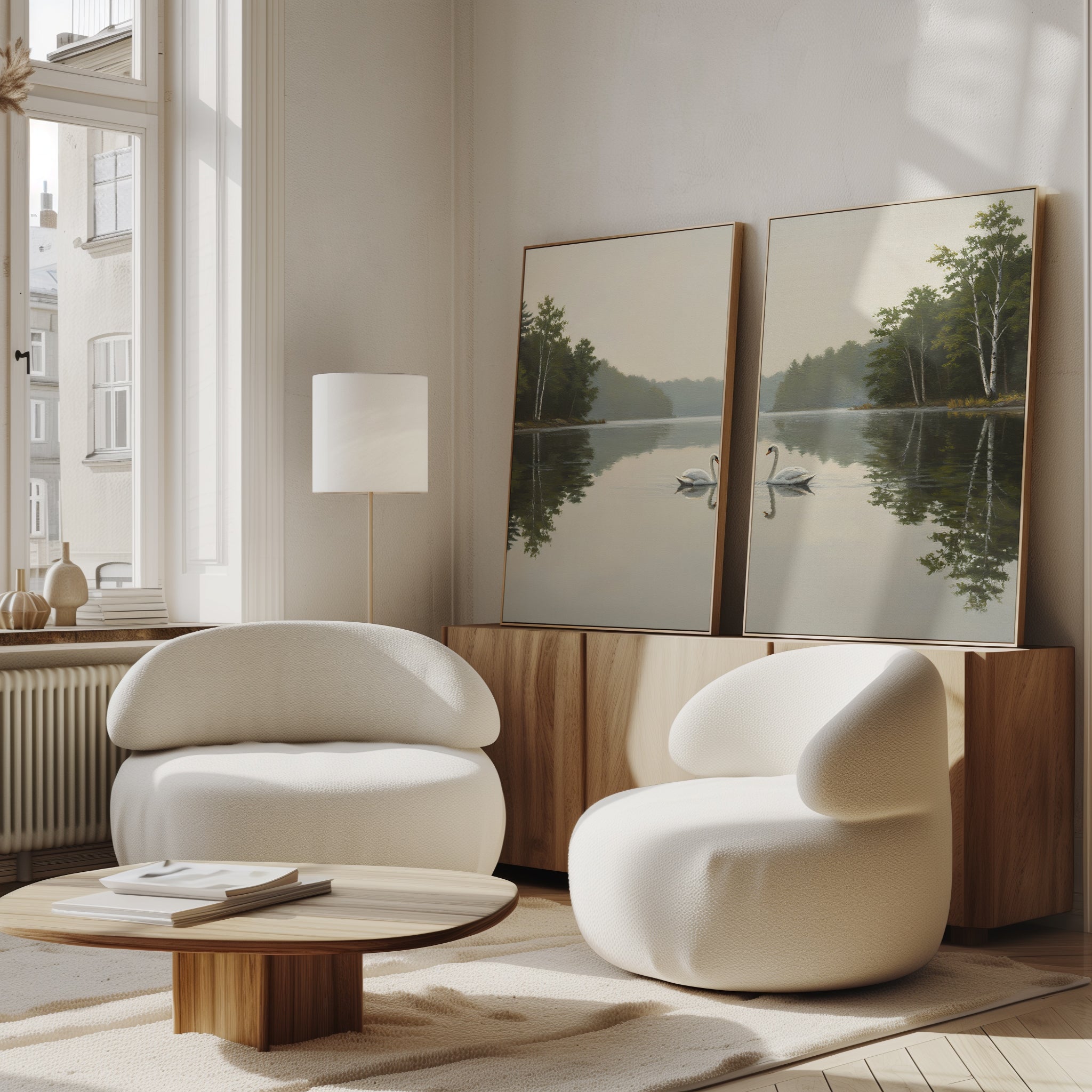 A bright, modern living room with two white, rounded armchairs, a wooden coffee table, and a sideboard. The Twin Swans Serenity - Set Of 2 wall art rests on the sideboard, adding calm and nature-inspired style to Nordic decor.