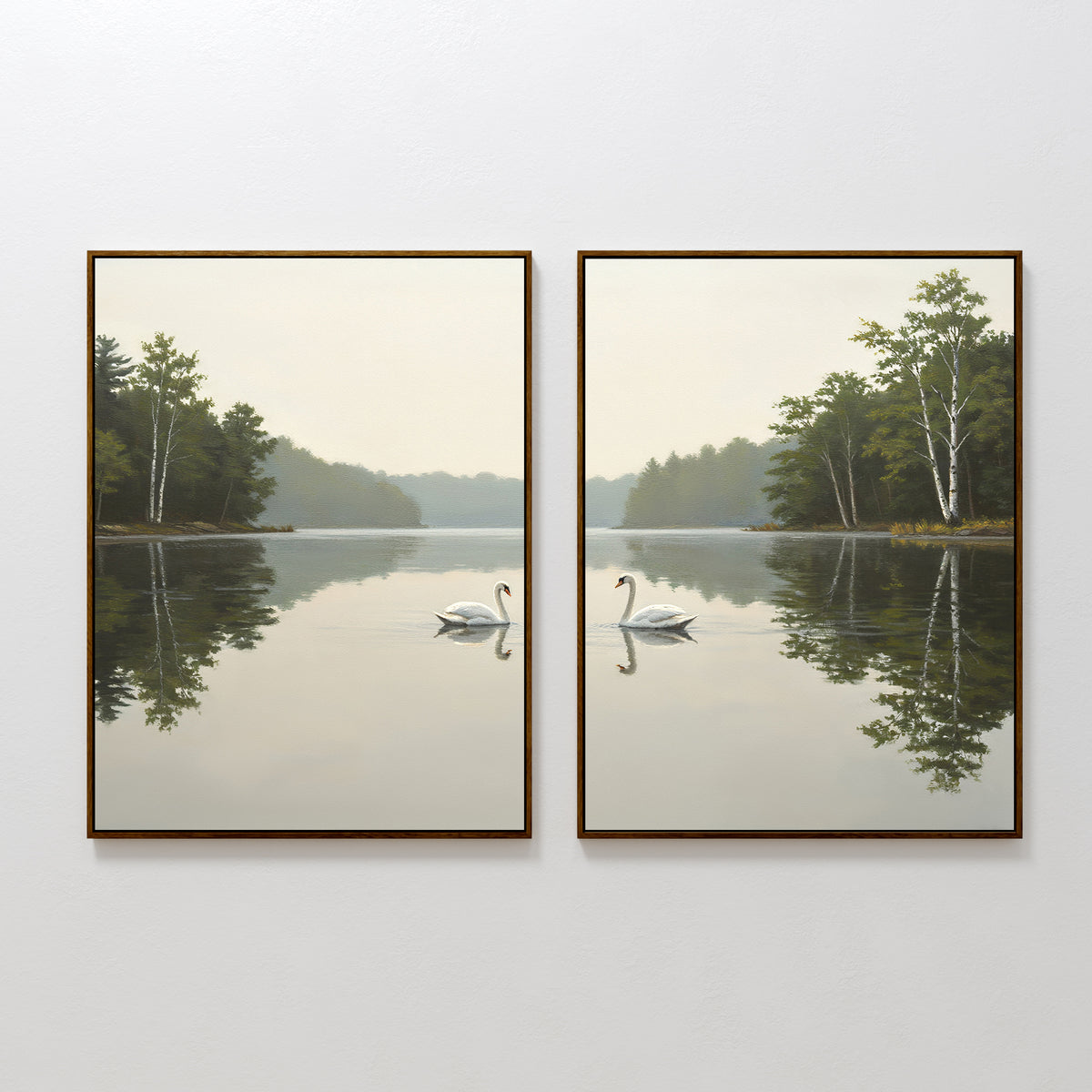 The Twin Swans Serenity - Set Of 2 features framed prints of calm lakes, tall trees, and swans swimming, adding peaceful Nordic-inspired decor and tranquil reflections to any room.