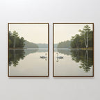 The Twin Swans Serenity - Set Of 2 features framed prints of calm lakes, tall trees, and swans swimming, adding peaceful Nordic-inspired decor and tranquil reflections to any room.