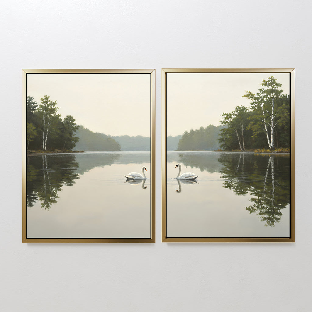 Twin Swans Serenity - Set Of 2 features framed prints of serene lakes with trees and gliding swans, creating peaceful symmetry—ideal wall art for Nordic home decor.