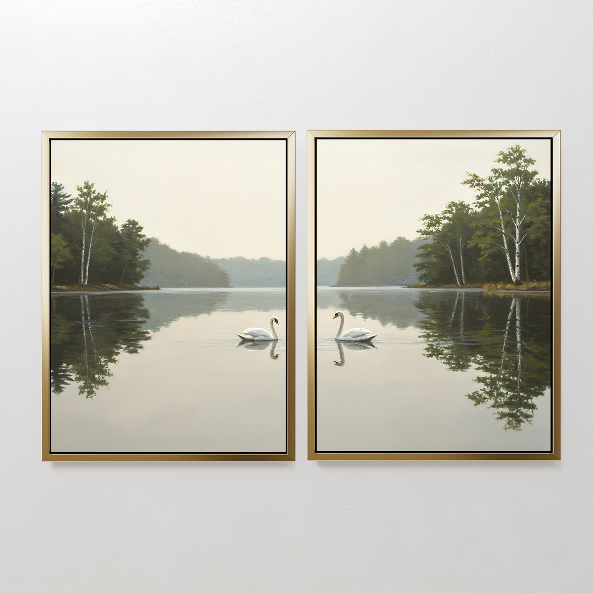 Twin Swans Serenity - Set Of 2 features framed prints of serene lakes with trees and gliding swans, creating peaceful symmetry—ideal wall art for Nordic home decor.