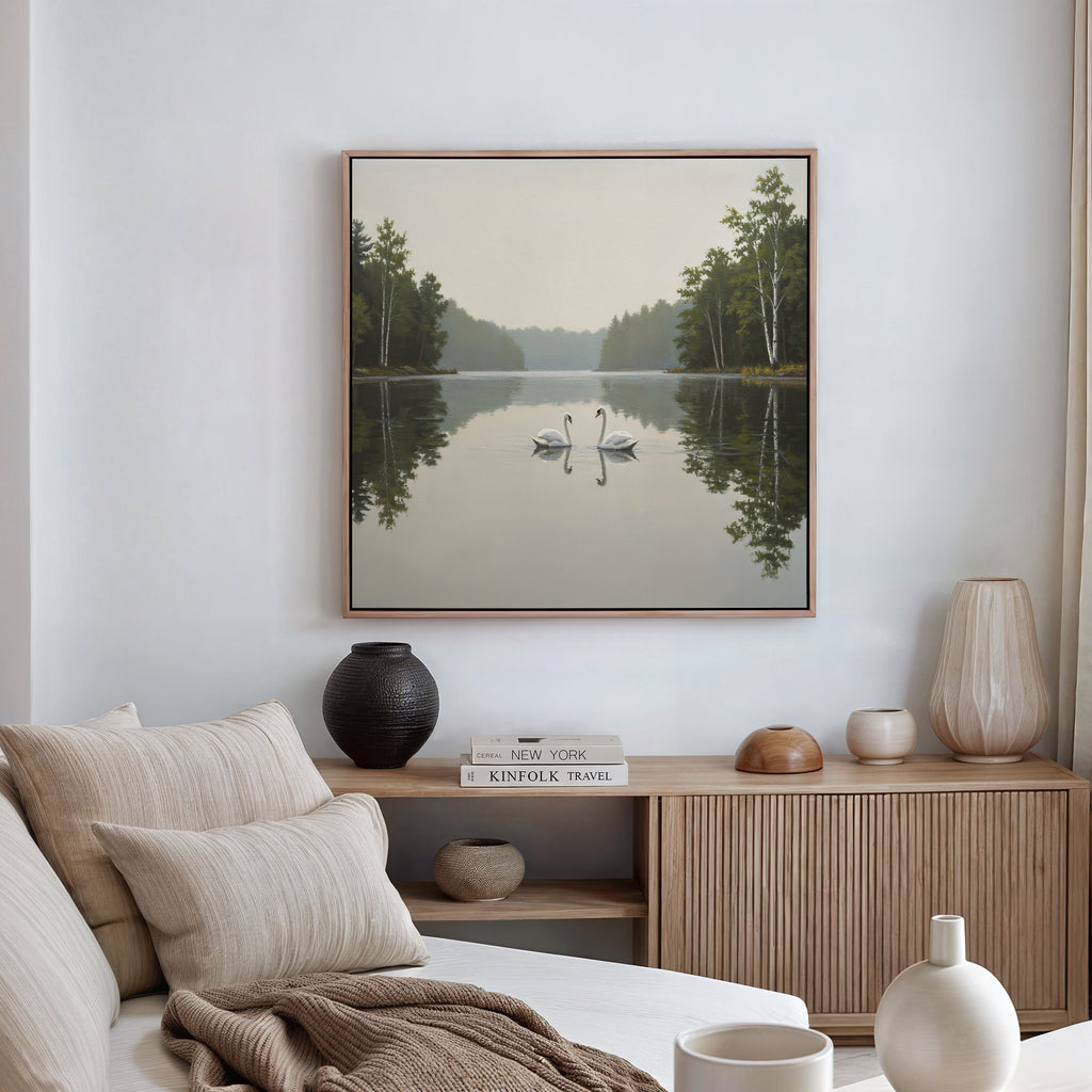 A cozy living room features a beige sofa, neutral pillows, a wooden sideboard with vases and books, and above, the Twin Swans Serenity Canvas Art—a square painting of two swans on a calm lake in Nordic Park.