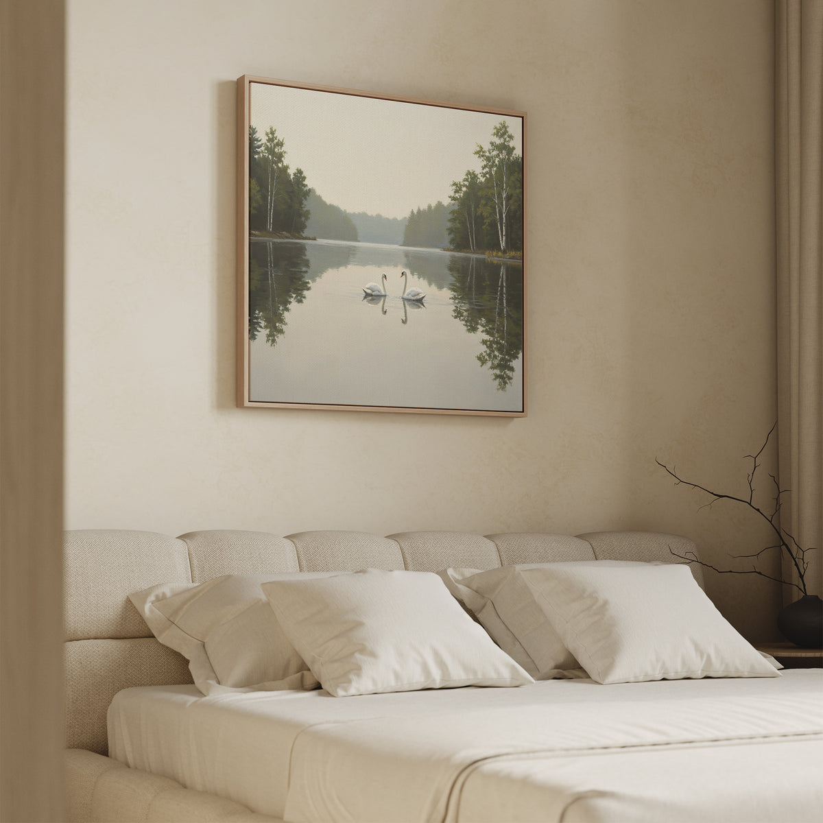 A minimalist bedroom with a beige bed, neutral walls, and the Twin Swans Serenity Canvas Art - Square above the bed, depicting two swans on a calm lake surrounded by trees for tranquil Nordic Park vibes.