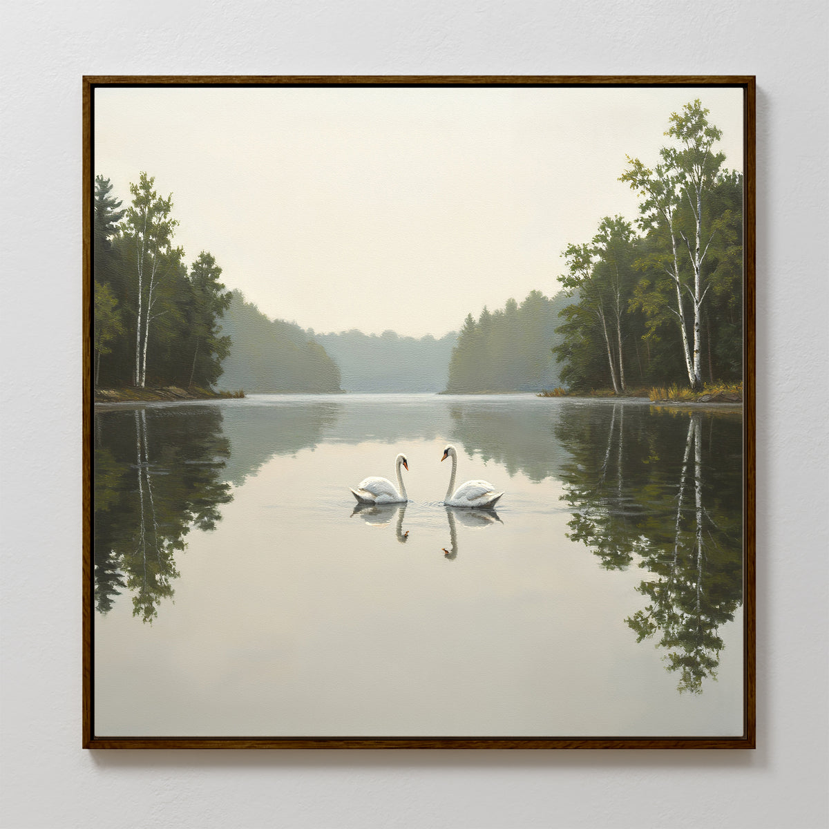 The Twin Swans Serenity Canvas Art - Square features two swans facing each other on a calm Nordic Park lake, surrounded by trees reflected in the water beneath a gentle, cloudy sky.