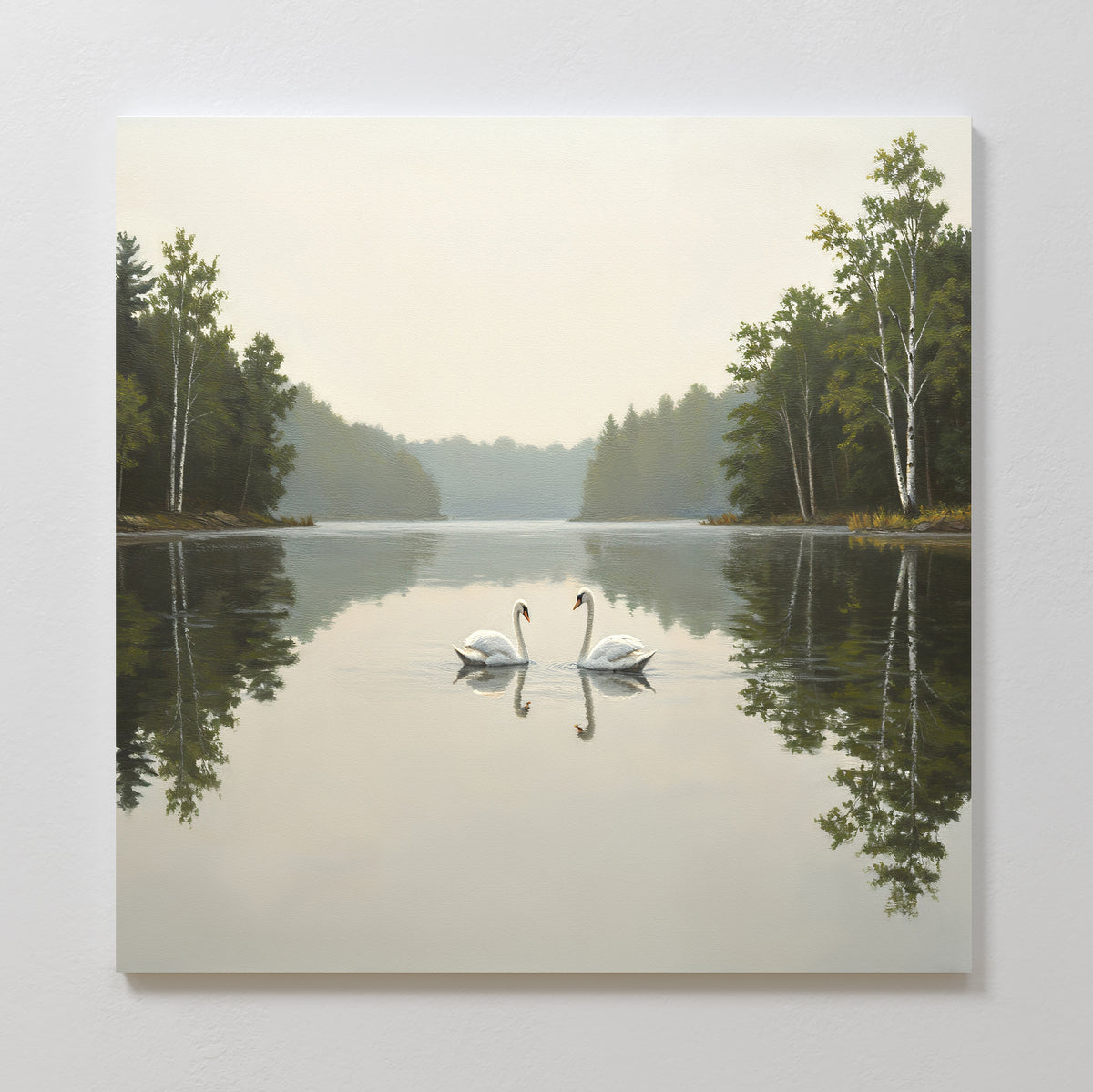 Twin Swans Serenity Canvas Art - Square features two swans facing each other on a calm lake in Nordic Park, framed by mirrored trees and a hazy sky—perfect wall art to bring tranquility to any space.