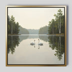Twin Swans Serenity Canvas Art - Square features two swans facing each other on a calm lake in Nordic Park, with trees and soft skies reflected in the water—ideal wall décor for creating a peaceful, tranquil space.