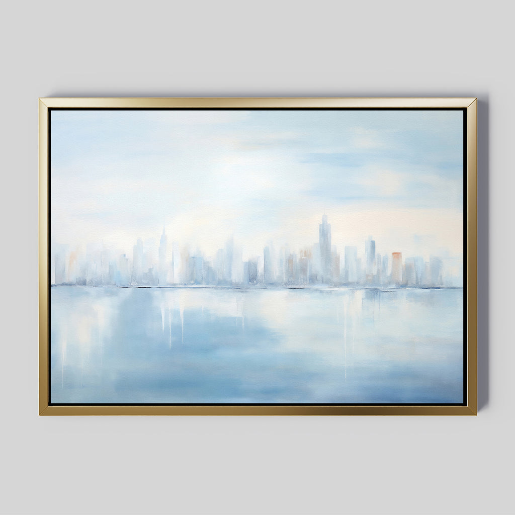 The Urban Mirage Canvas Art - Horizontal features a city skyline reflected on water in soft blue, white, and gray abstract tones, creating a misty effect—ideal for adding modern style to your living room decor.