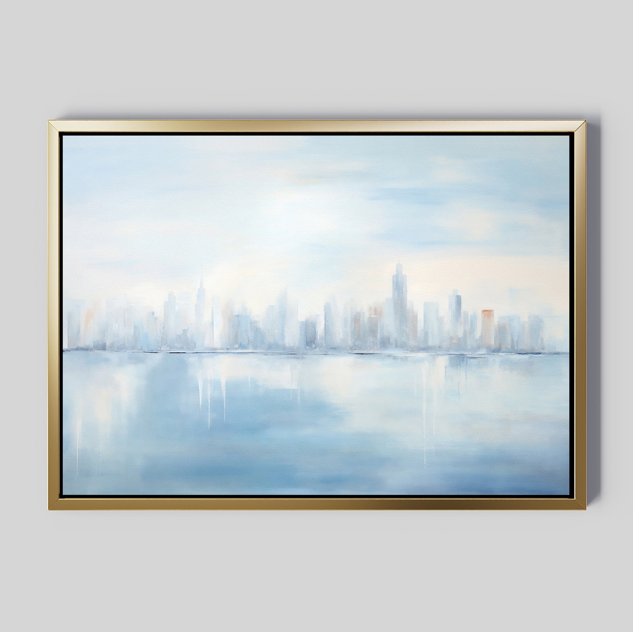 The Urban Mirage Canvas Art - Horizontal features a city skyline reflected on water in soft blue, white, and gray abstract tones, creating a misty effect—ideal for adding modern style to your living room decor.