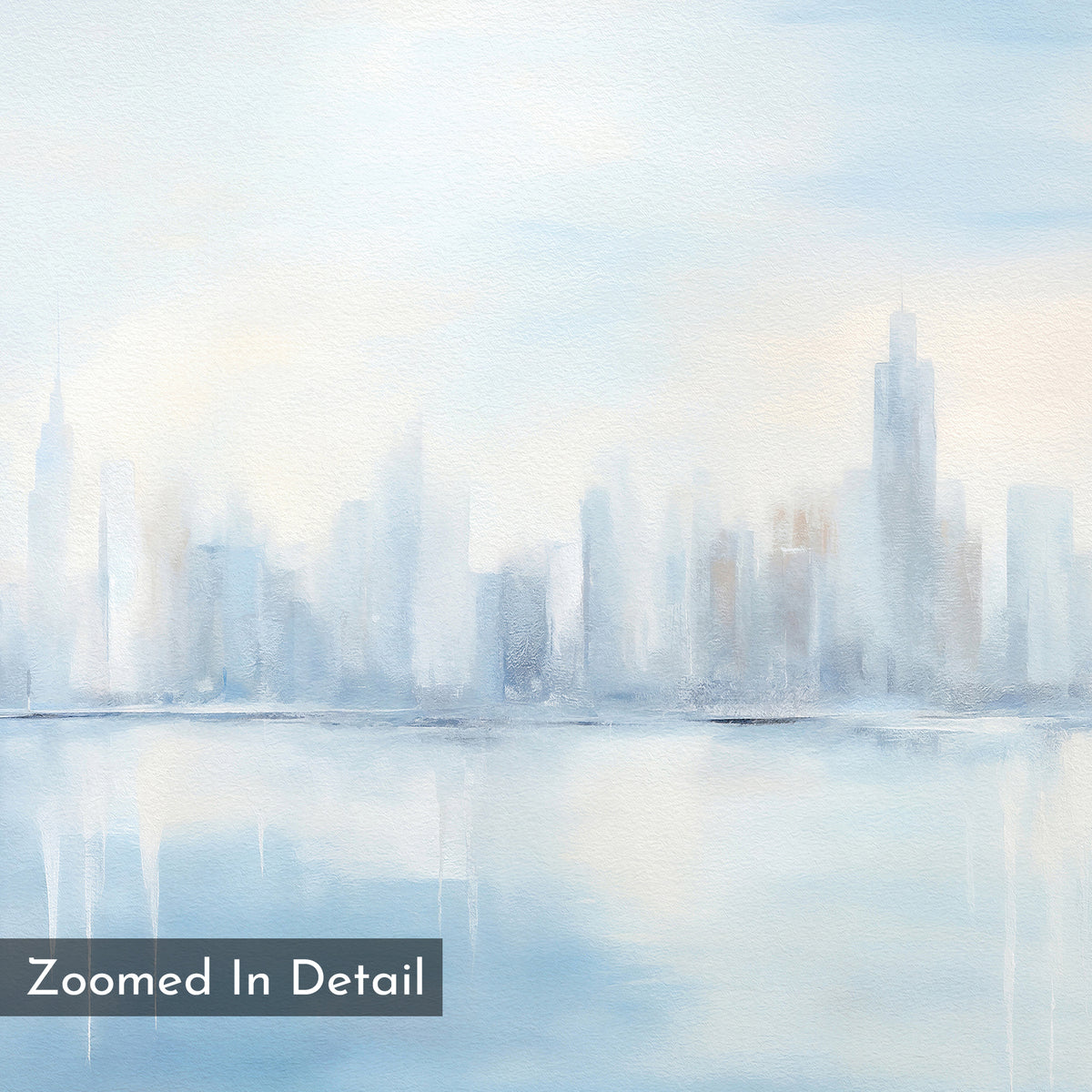 Urban Mirage Canvas Art - Horizontal: A soft watercolor city skyline with tall buildings reflected in calm water, rendered in cool blue and pastel tones. Modern wall art ideal for living room decor. "Zoomed In Detail" shown in gray box at bottom left.