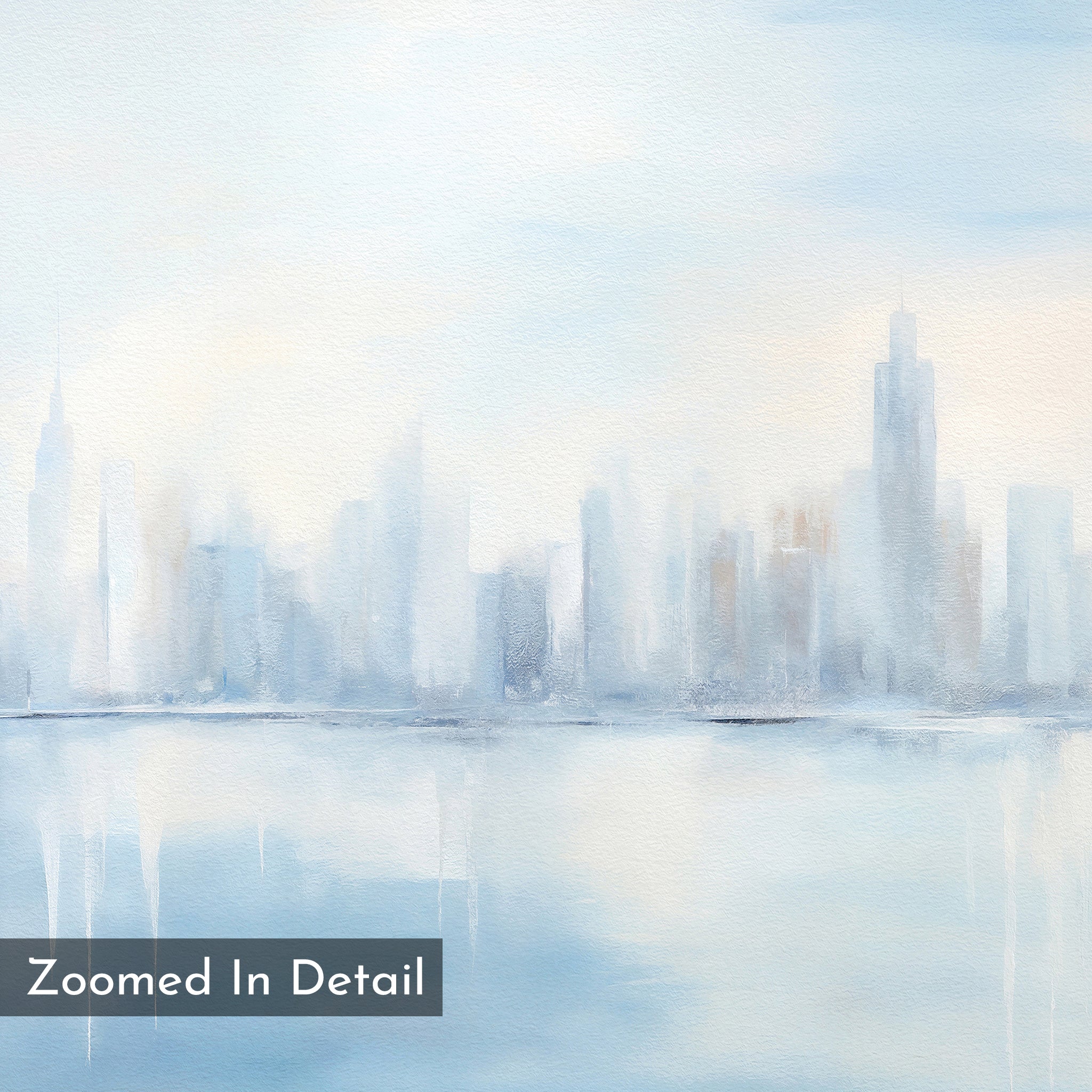 Urban Mirage Canvas Art - Horizontal: A soft watercolor city skyline with tall buildings reflected in calm water, rendered in cool blue and pastel tones. Modern wall art ideal for living room decor. "Zoomed In Detail" shown in gray box at bottom left.