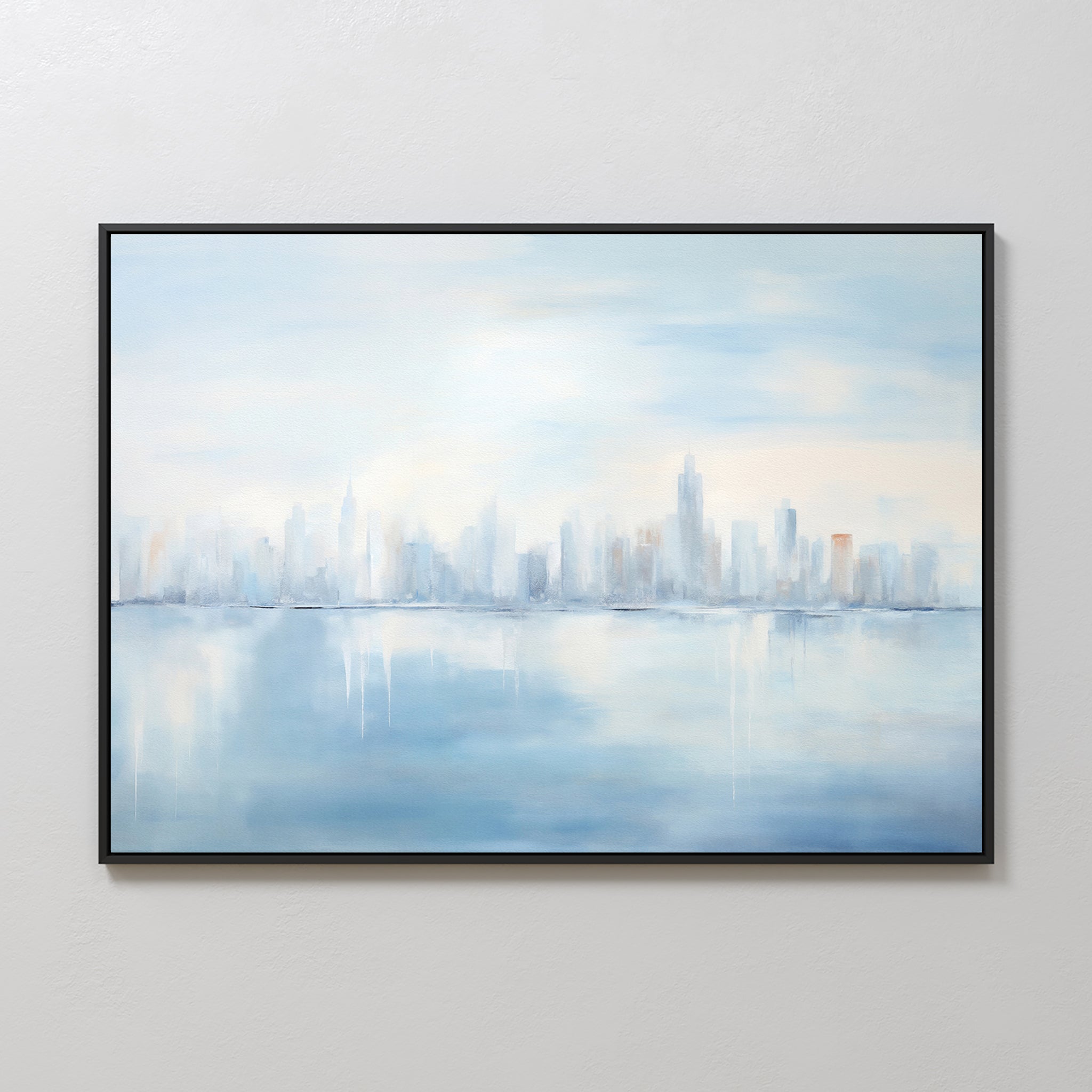 Urban Mirage Canvas Art - Horizontal features a city skyline with tall buildings in soft blue and white tones reflected over calm water—ideal wall art to enhance modern living room decor.