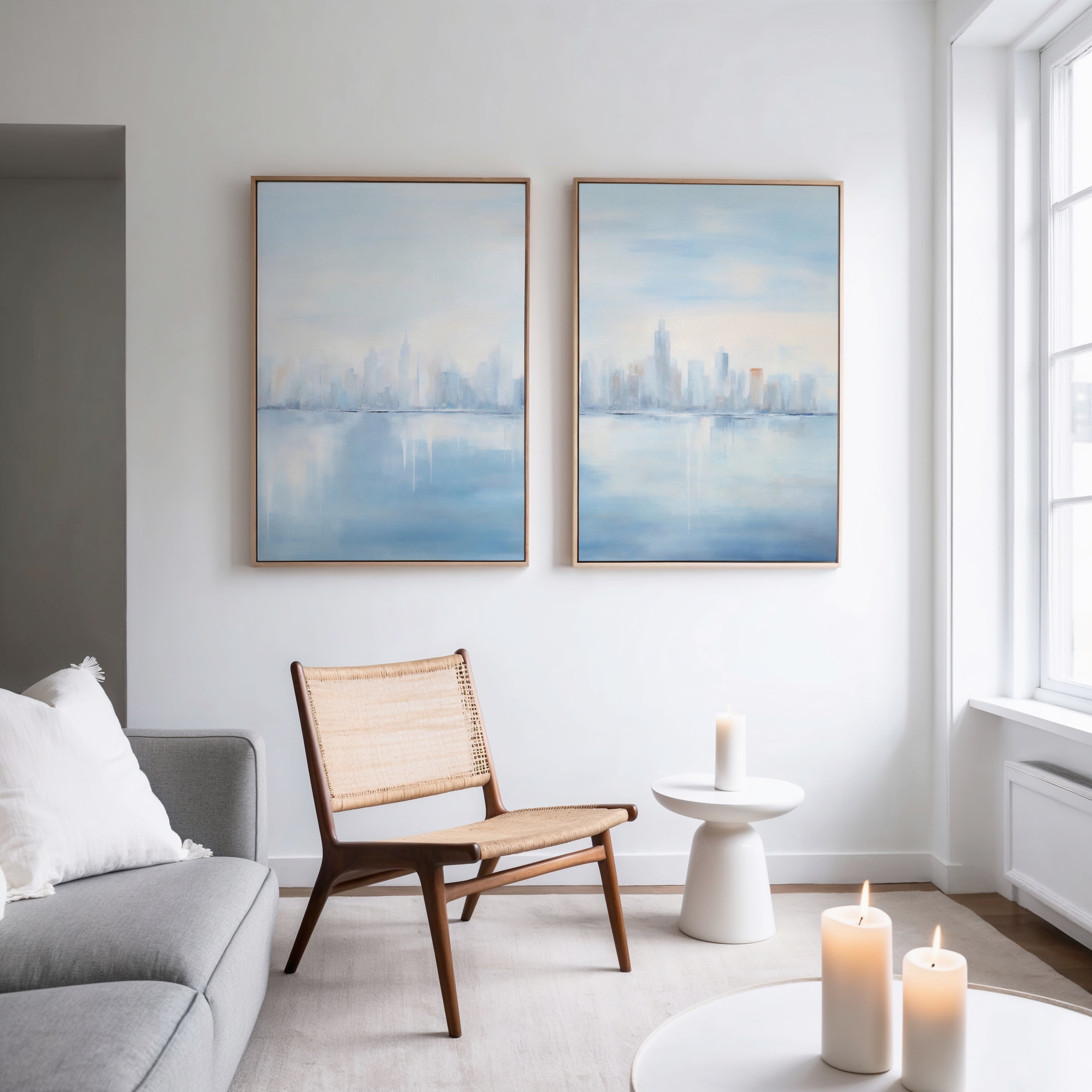 A modern, minimal living room features a wooden chair, a small round white table with a lit candle, and the 'Urban Mirage - Set of 2' canvas prints as city skyline wall art above the sofa with white cushions by the window.