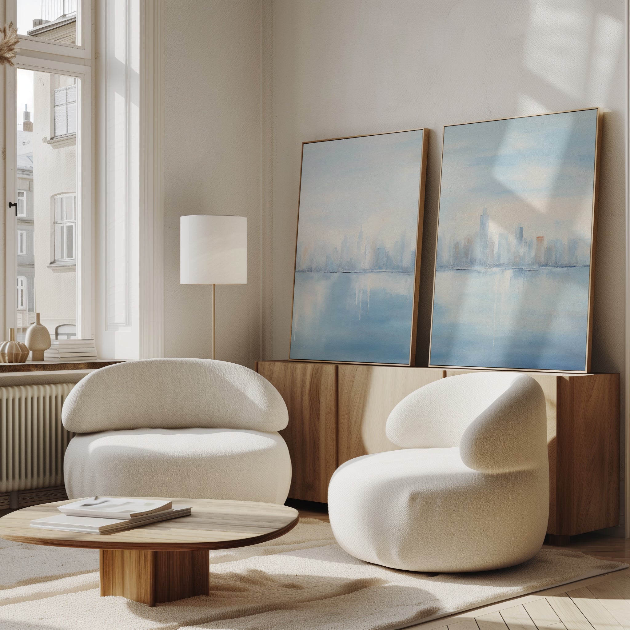 A modern living room with two white armchairs, a low wooden coffee table, and a wooden sideboard. The Urban Mirage - Set of 2 canvas prints add a contemporary touch, while natural light brightens the space.