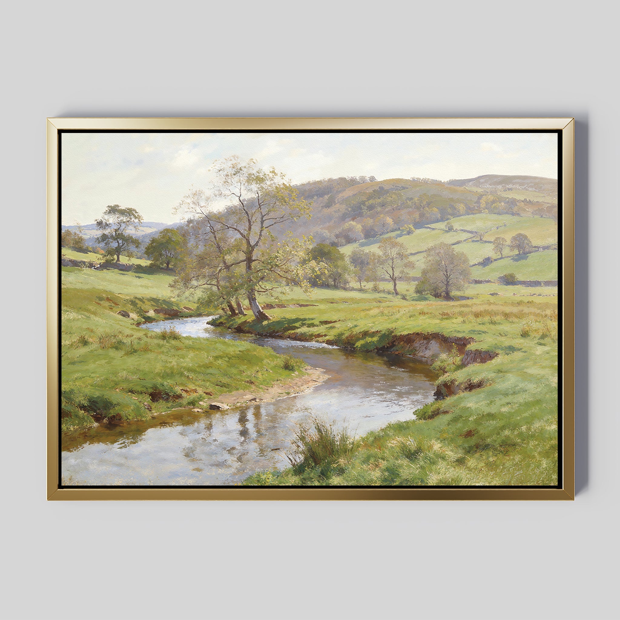 The Valley Stream Canvas Art - Horizontal showcases a peaceful countryside with a gentle river winding through green fields and rolling hills beneath a partly cloudy sky.