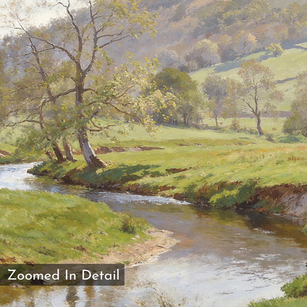 The Valley Stream Canvas Art - Horizontal features a serene river winding through a countryside with trees and hills, sunlight glistening on the water. “Zoomed In Detail” is inscribed in the lower left corner.