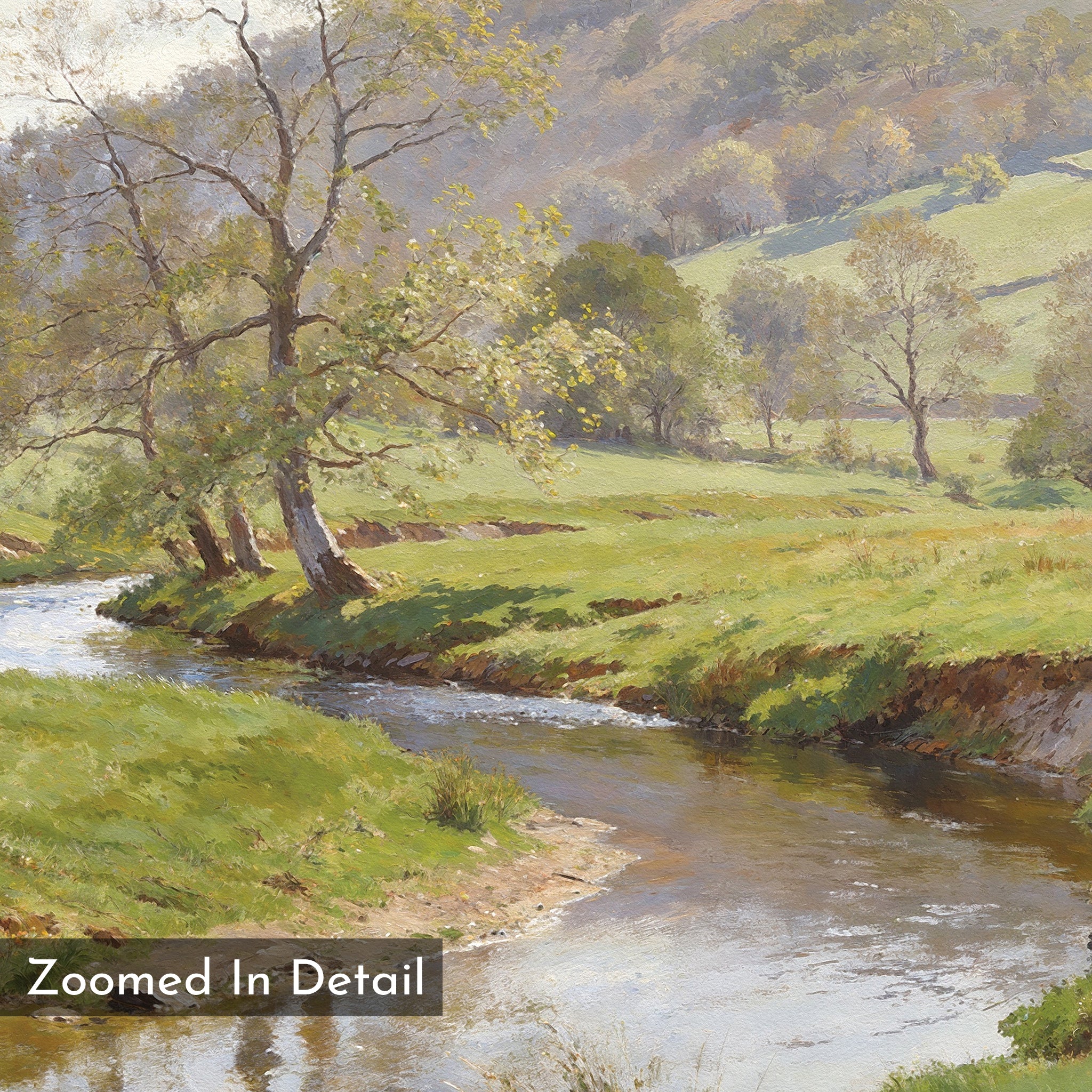 The Valley Stream Canvas Art - Horizontal features a serene river winding through a countryside with trees and hills, sunlight glistening on the water. “Zoomed In Detail” is inscribed in the lower left corner.