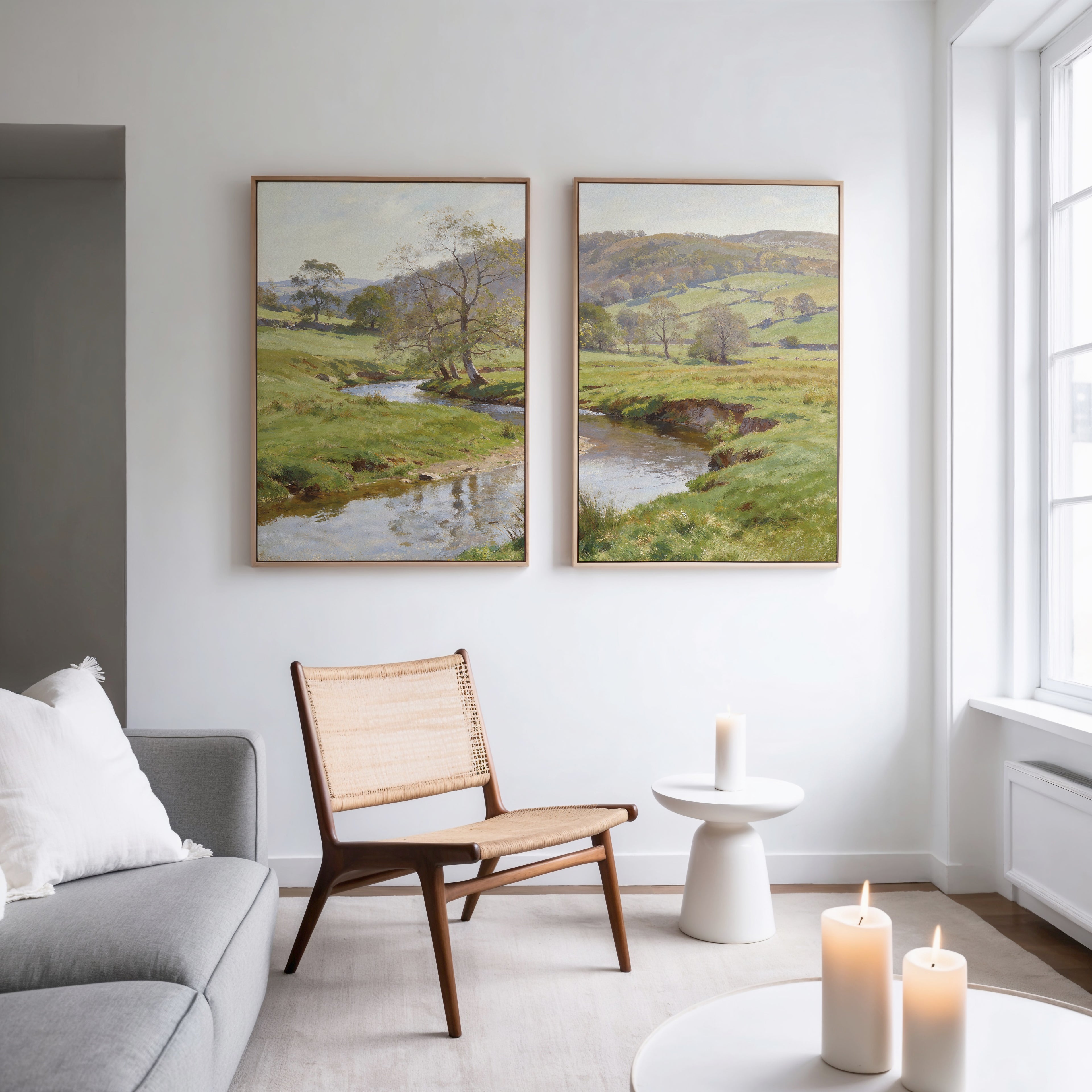 A bright, minimalist living room with a gray sofa, woven chair, and small white side table topped with a lit candle. Above the chair hang Valley Stream - Set of 2 wall art canvases of green countryside, while large windows bring in natural light.