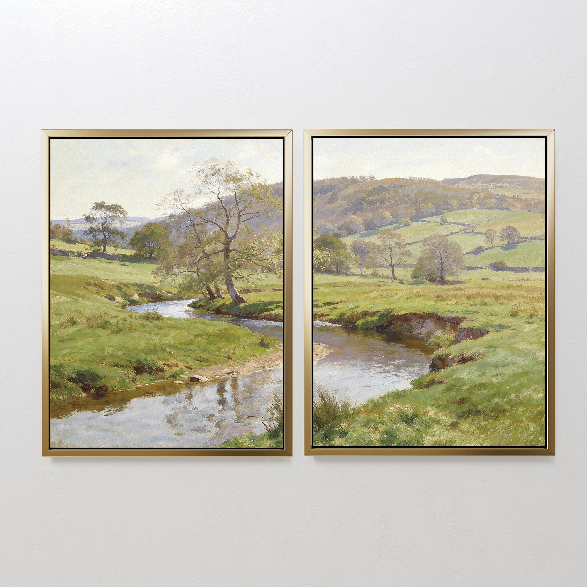 The "Valley Stream - Set of 2" features two framed prints capturing rolling green hills, a winding river, and a partly cloudy sky. Bright and serene, the countryside landscapes unfold across adjacent canvases for a harmonious display.
