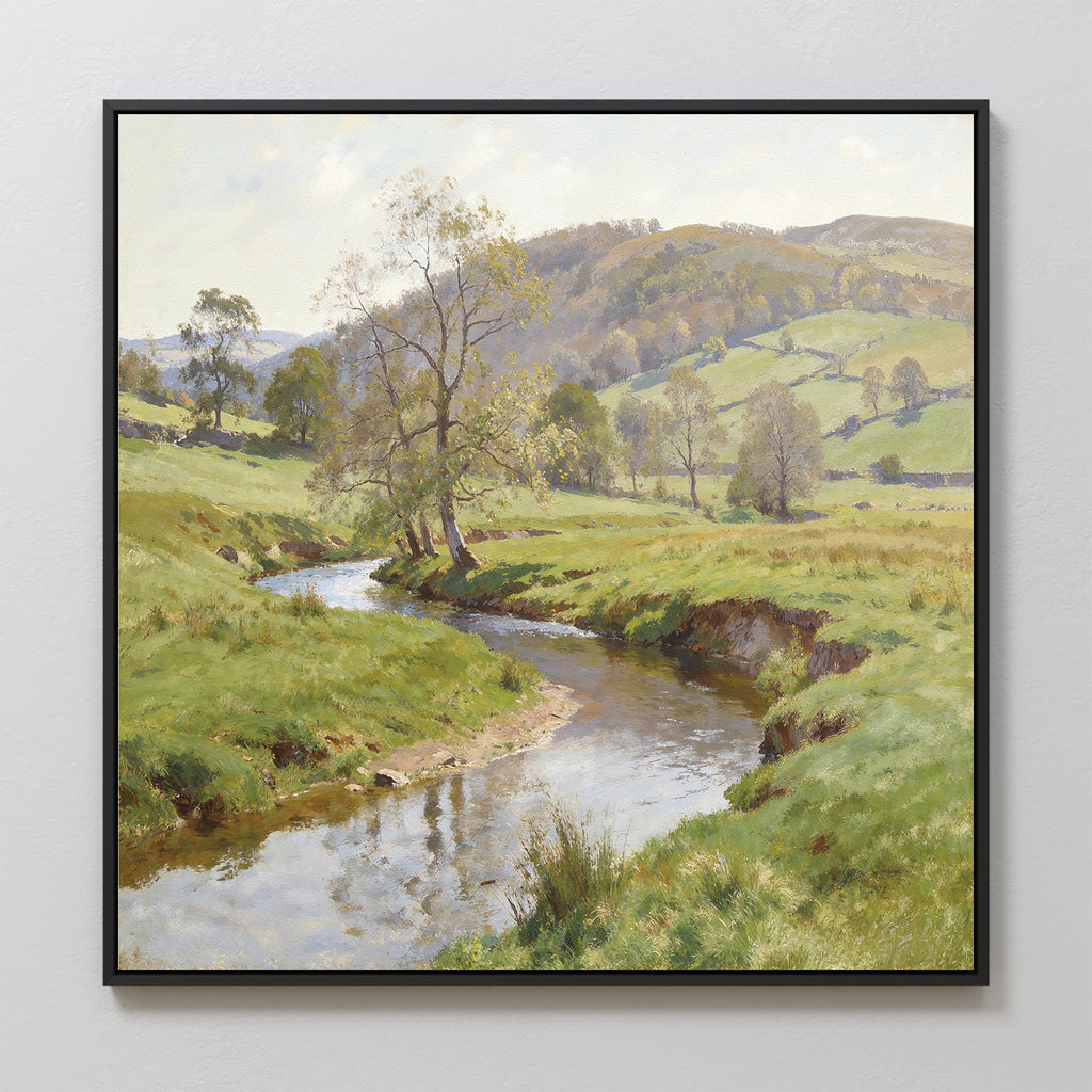 Valley Stream Canvas Art - Square: Framed art featuring a peaceful countryside with winding river, green fields, scattered trees, rolling hills, and bright sky reflected calmly in the water.