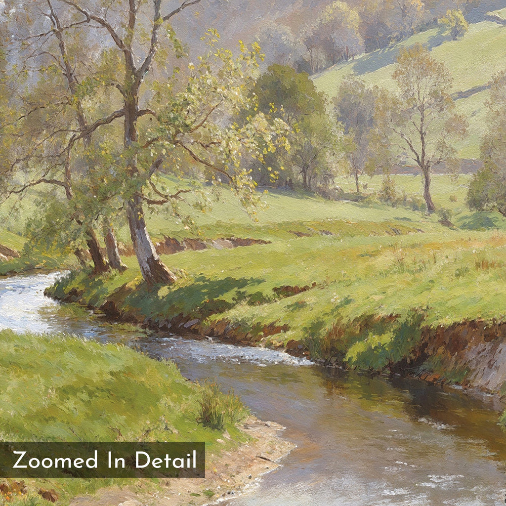 The Valley Stream Canvas Art - Square displays a tranquil stream winding through a sunlit meadow with lush grass, tall trees, and gentle hills. "Zoomed In Detail" appears in the corner of this serene landscape print.