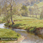 The Valley Stream Canvas Art - Square displays a tranquil stream winding through a sunlit meadow with lush grass, tall trees, and gentle hills. "Zoomed In Detail" appears in the corner of this serene landscape print.