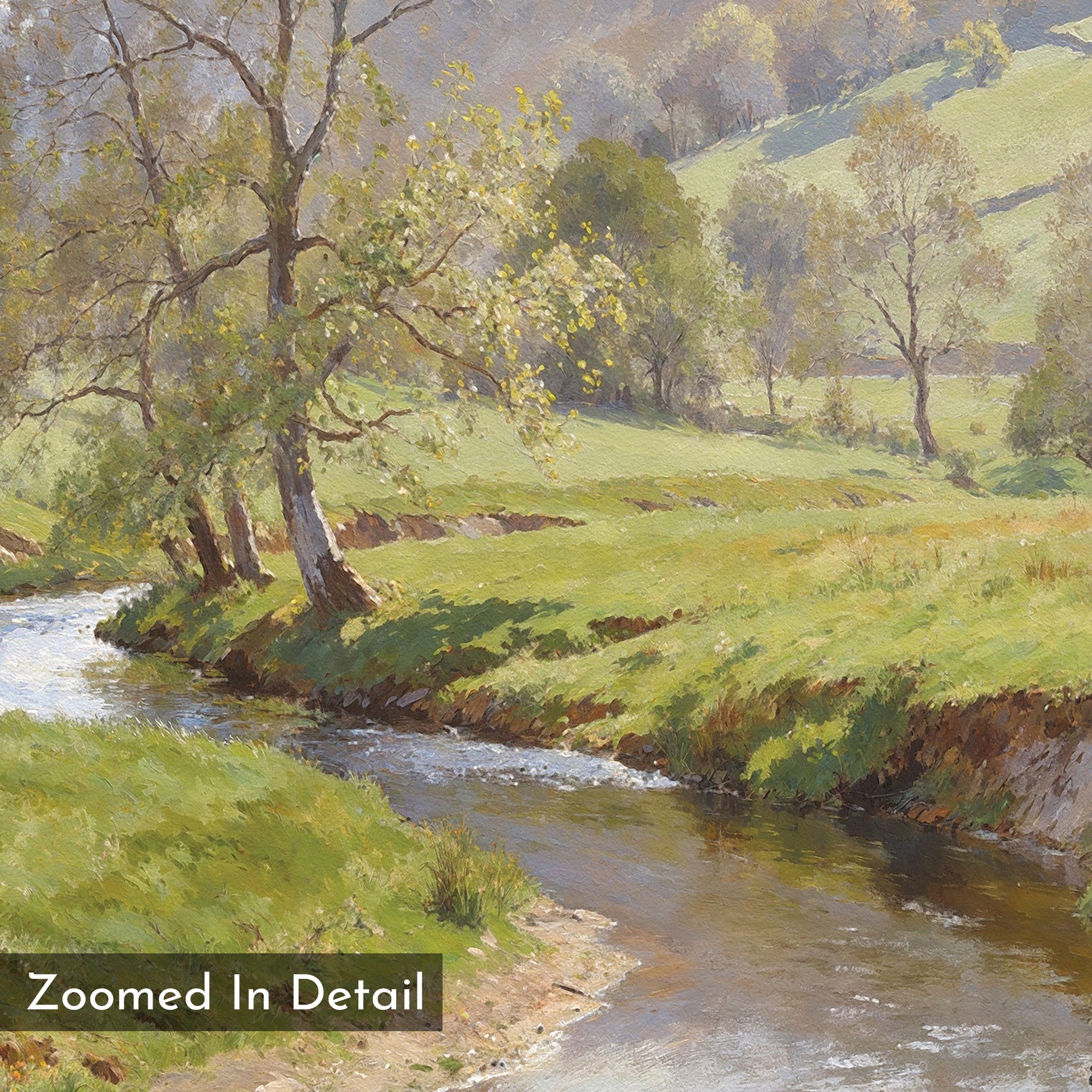 The Valley Stream Canvas Art - Square displays a tranquil stream winding through a sunlit meadow with lush grass, tall trees, and gentle hills. "Zoomed In Detail" appears in the corner of this serene landscape print.