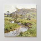 Valley Stream Canvas Art - Square features a tranquil river winding through lush fields and rolling hills under a bright sky—ideal Nordic Park wall art to enhance any room.