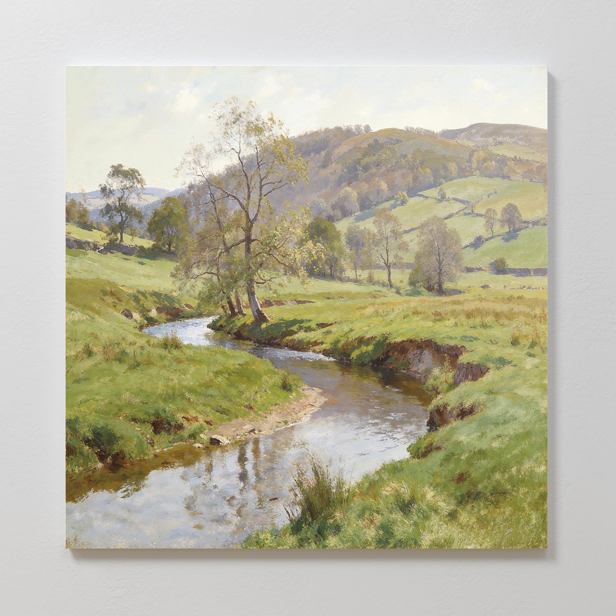 Valley Stream Canvas Art - Square features a tranquil river winding through lush fields and rolling hills under a bright sky—ideal Nordic Park wall art to enhance any room.