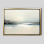 The Veiled Estuary Canvas Art - Horizontal features a minimalist seascape in soft hues of white, beige, gray, and blue—this framed abstract print is ideal contemporary wall art for creating a tranquil atmosphere.