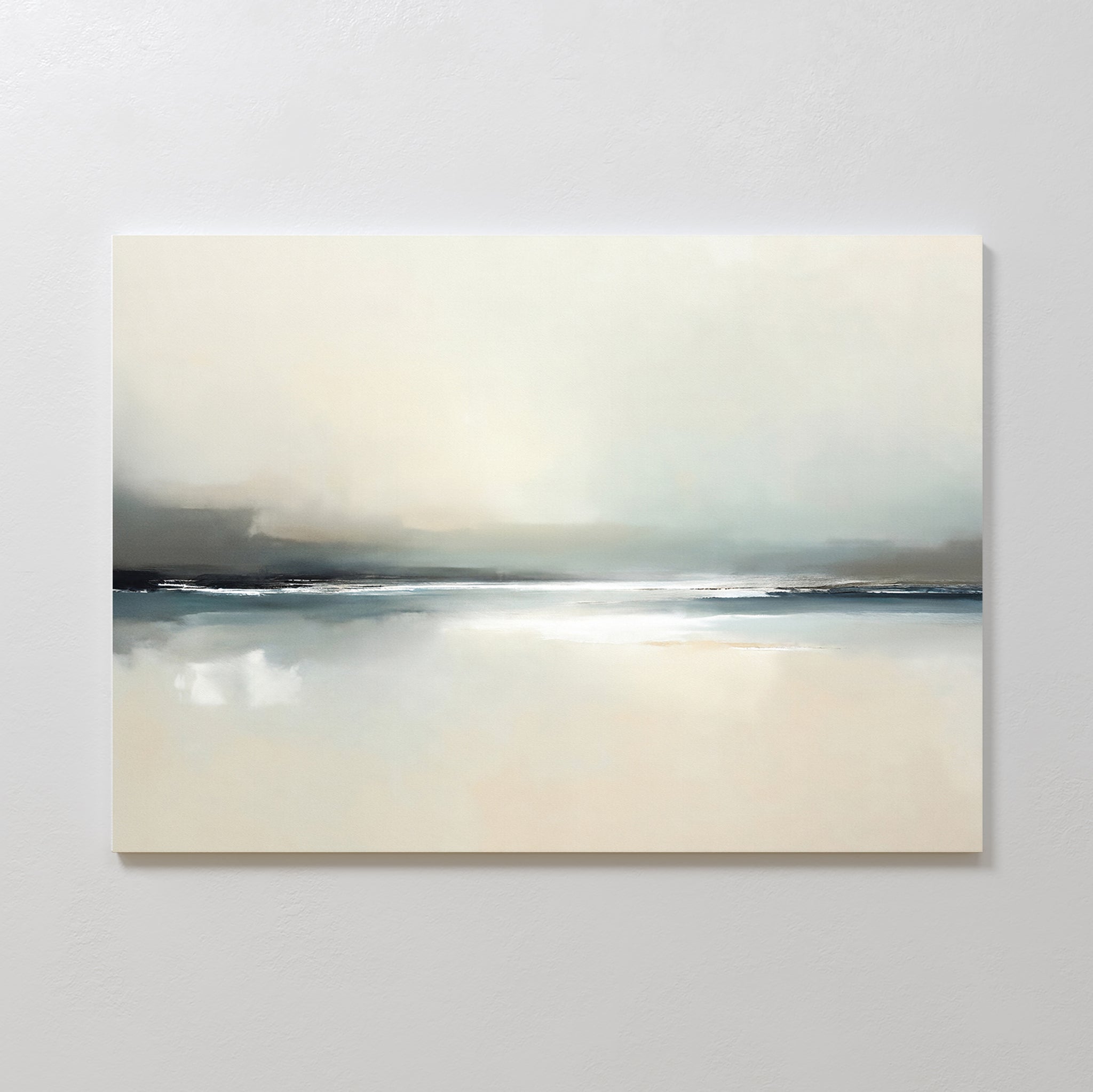 Veiled Estuary Canvas Art - Horizontal: a minimalist painting of a calm, misty seascape in soft beige, gray, and muted blue tones—a serene print portraying the tranquil horizon under gentle light, perfect as contemporary wall art.