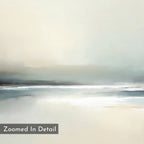 Veiled Estuary Canvas Art - Horizontal features a soft, abstract landscape in muted beige, gray, and white tones with a misty horizon over calm water. A "Zoomed In Detail" label appears in the lower left corner for added style.
