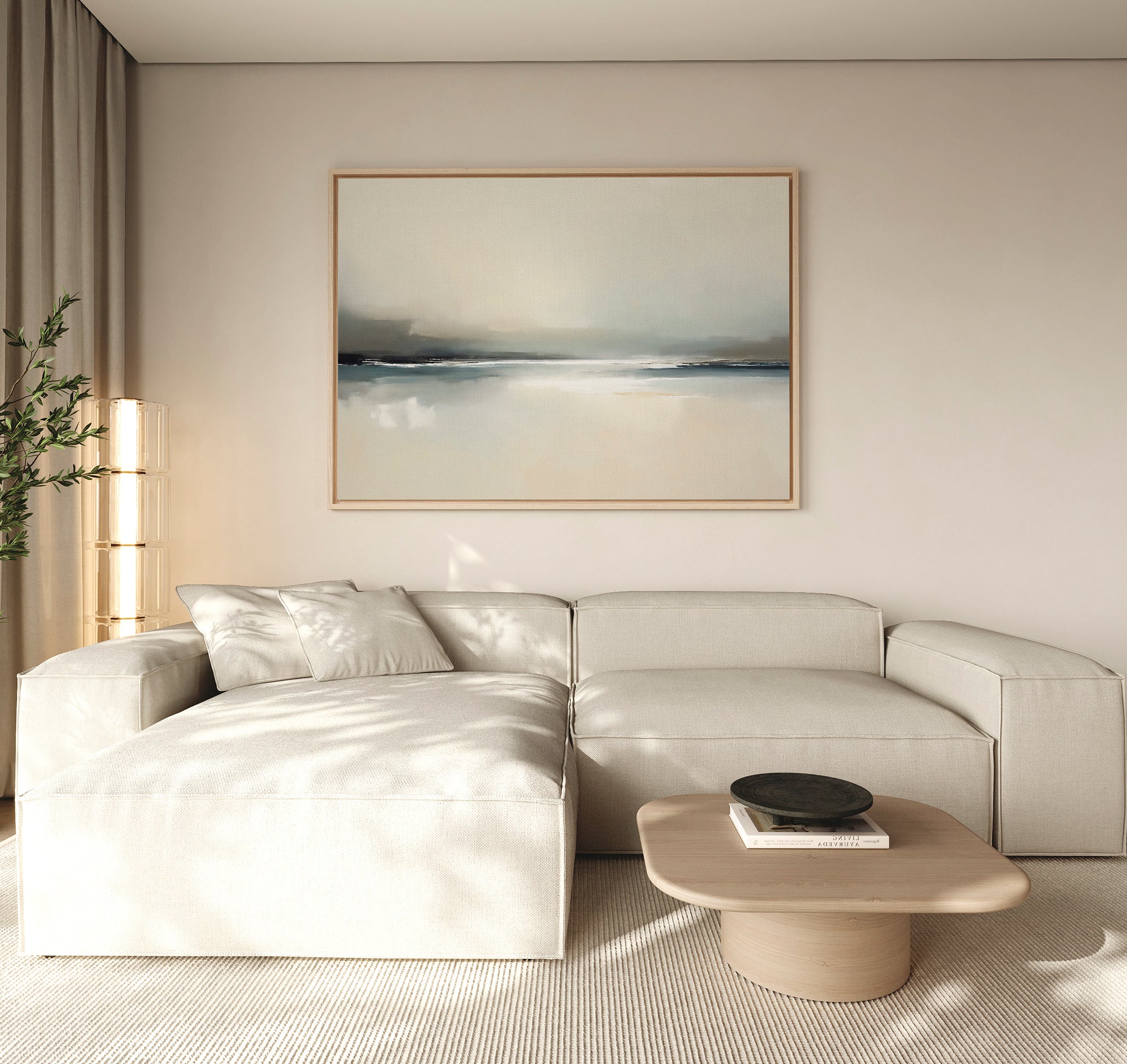 A modern living room with a light beige sectional, a square wooden coffee table with a dark bowl, and beige curtains, highlighted by the Veiled Estuary Canvas Art - Horizontal above the sofa.