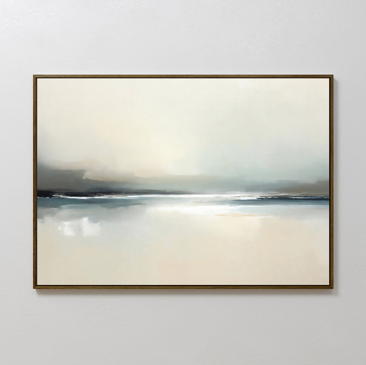The Veiled Estuary Canvas Art - Horizontal features a contemporary abstract landscape in soft white, gray, and light blue tones, evoking a tranquil Nordic park with water and a distant horizon beneath a pale sky.