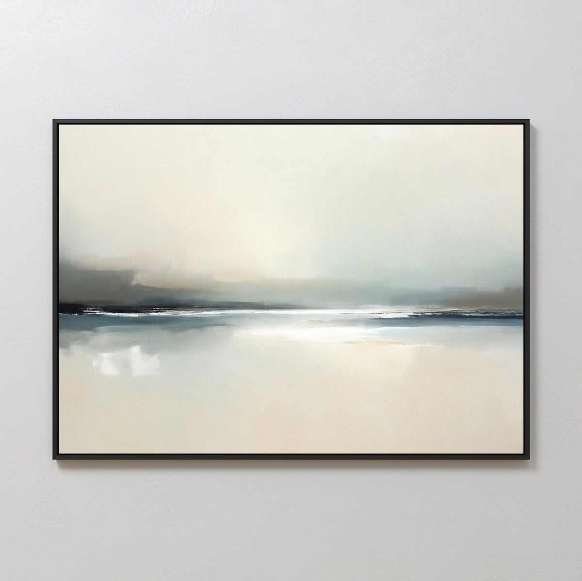 The Veiled Estuary Canvas Art - Horizontal is a framed abstract seascape print with soft whites, grays, and blues blending gently at a reflective horizon—ideal contemporary wall art for light-colored spaces.