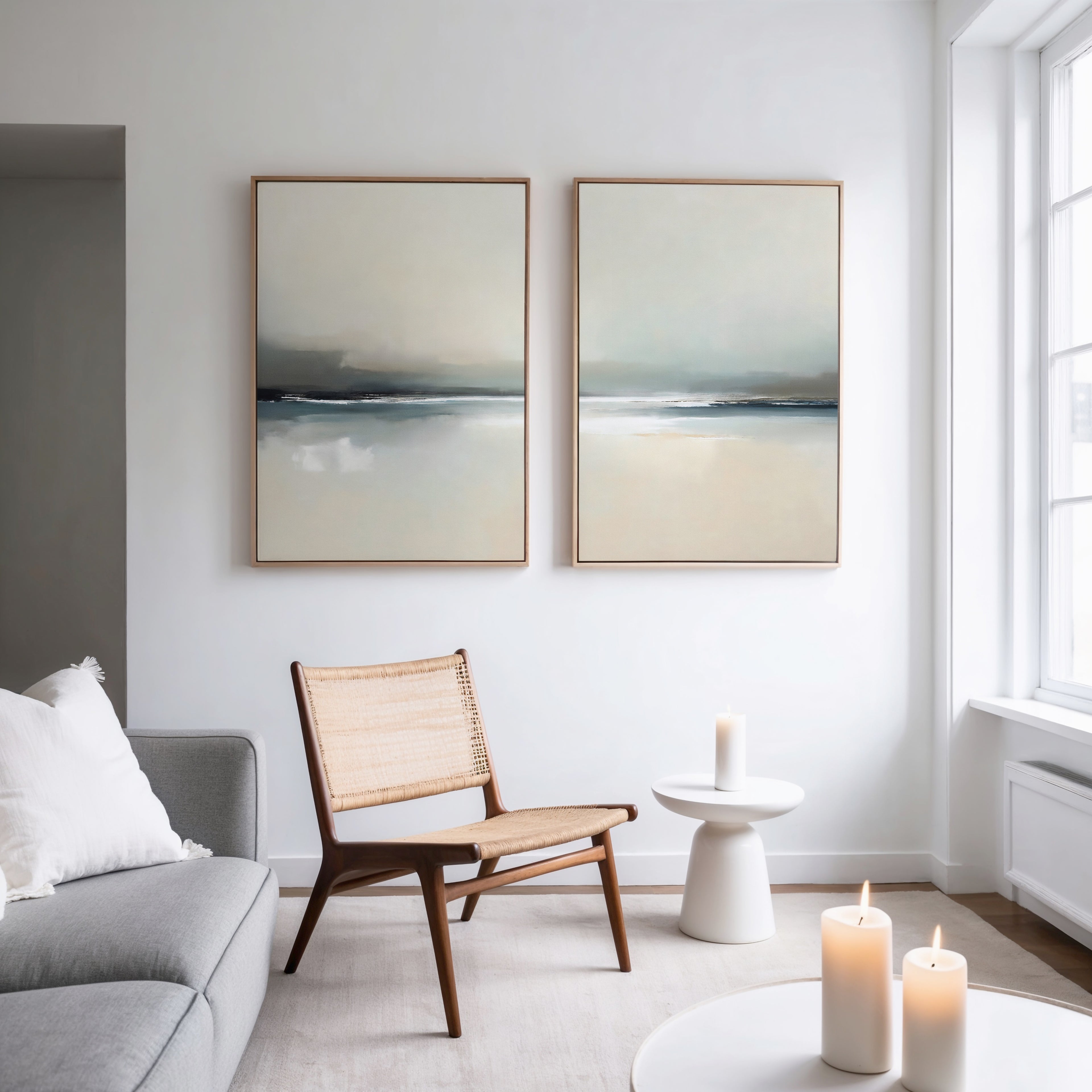 A minimal, modern living room with a light gray sofa, woven chair, and small white table. The Veiled Estuary - Set Of 2 landscape prints hang above the table on a white wall. Tall windows fill the serene space with natural light.