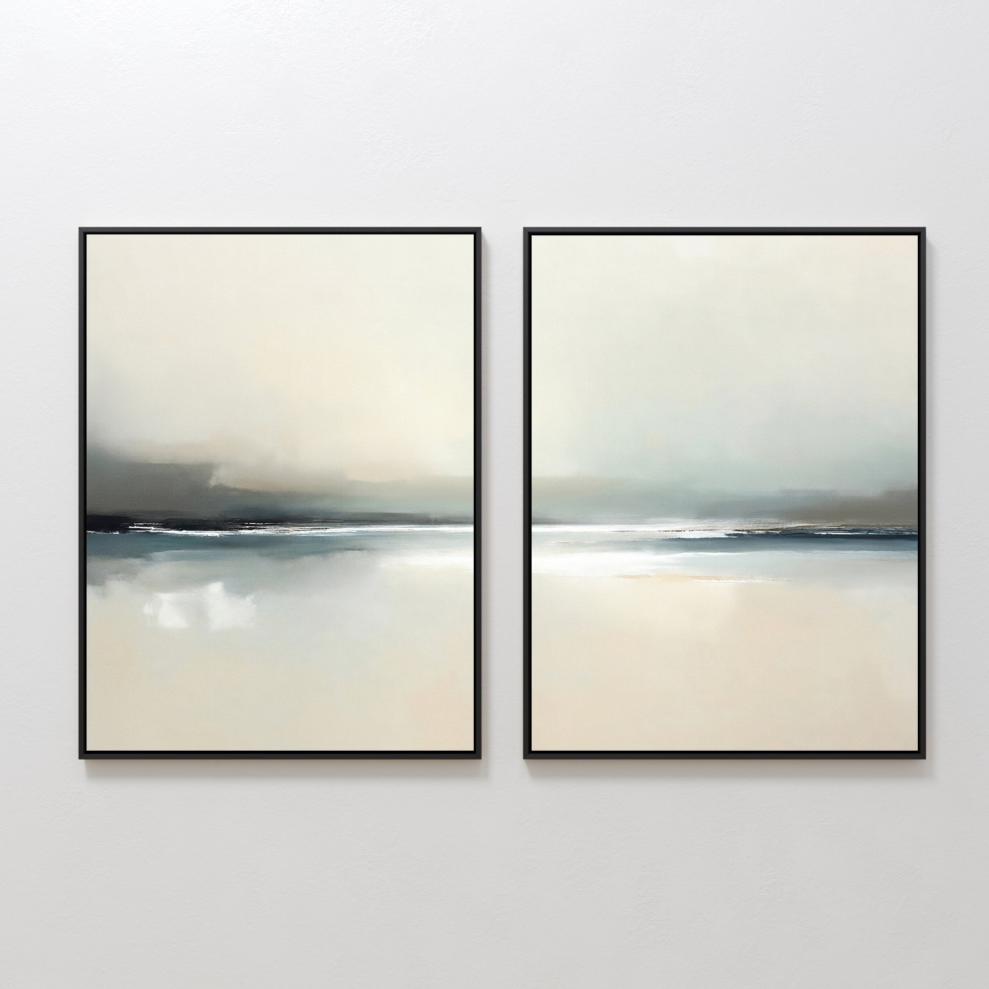 The Veiled Estuary - Set Of 2 features framed abstract prints in soft beige, gray, and blue, depicting serene landscapes that evoke a Nordic park—ideal for calming contemporary wall art on a white wall.