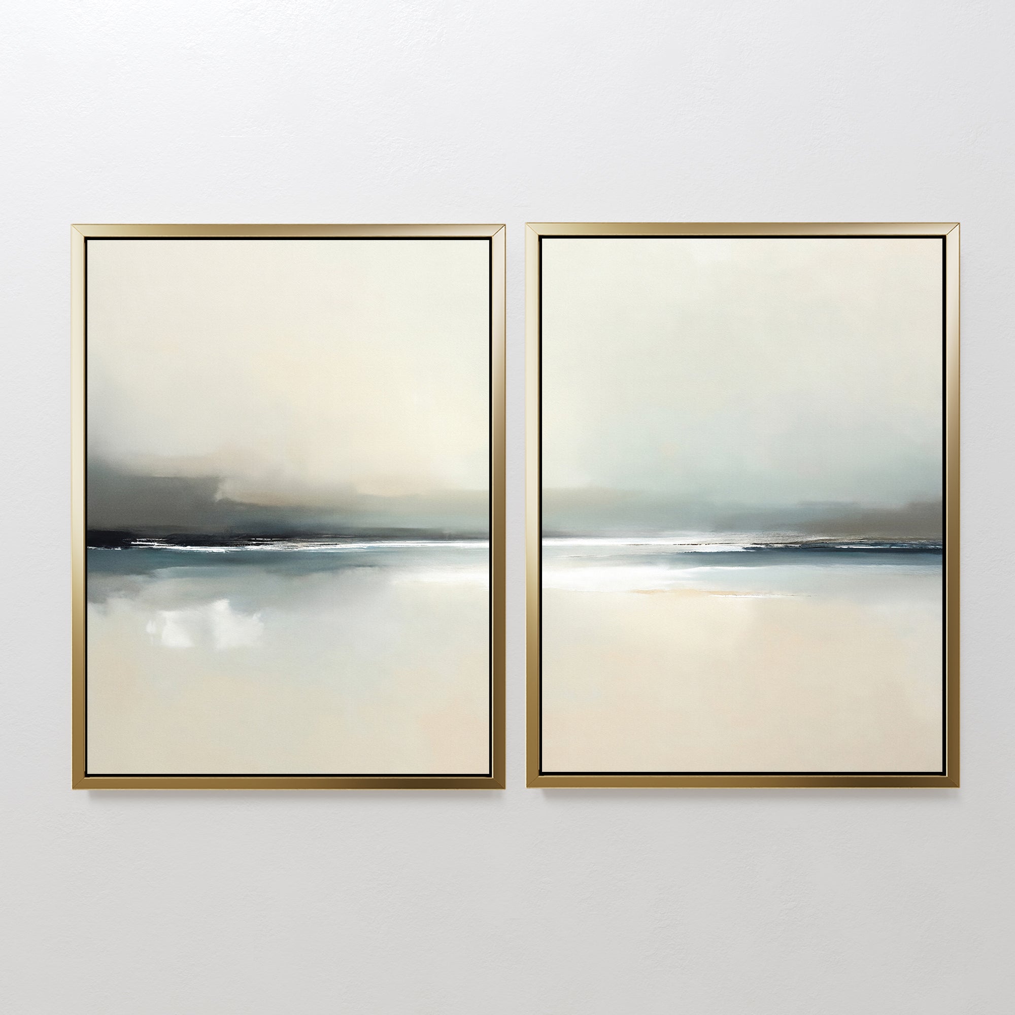 The Veiled Estuary - Set of 2 features framed abstract prints in soothing beige, gray, and blue shades, creating a tranquil seascape—a perfect choice for contemporary wall art and anyone seeking serene landscape decor.