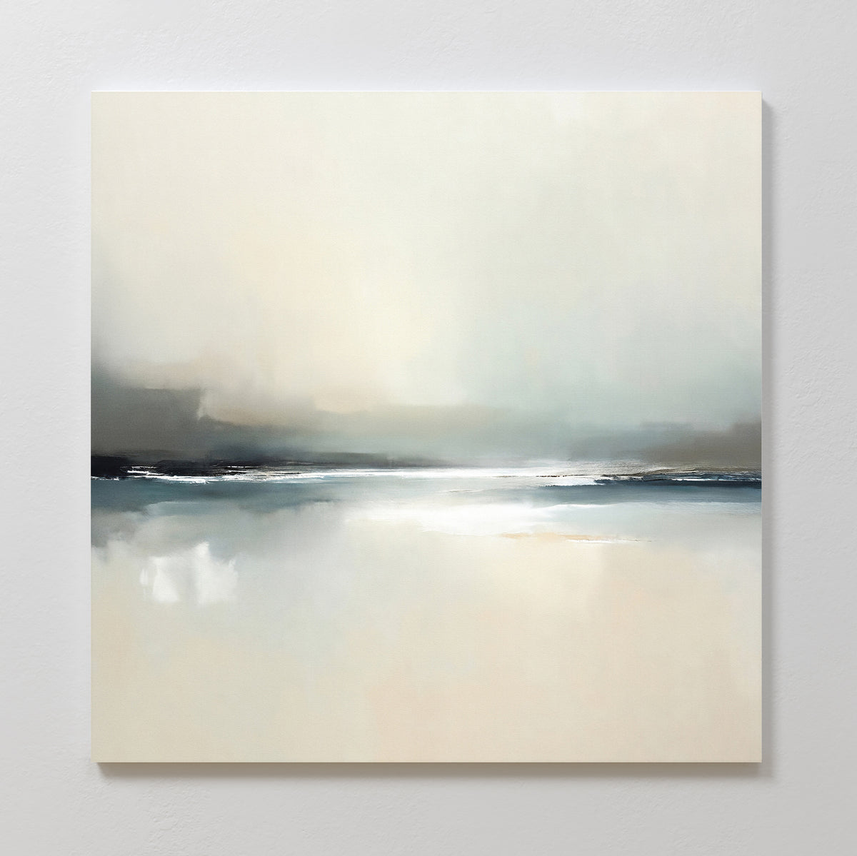Veiled Estuary Canvas Art - Square features a minimalist abstract design in soft white, beige, and gray tones, with a hazy horizon dividing the scene—perfect for contemporary wall art enthusiasts seeking a serene landscape print.