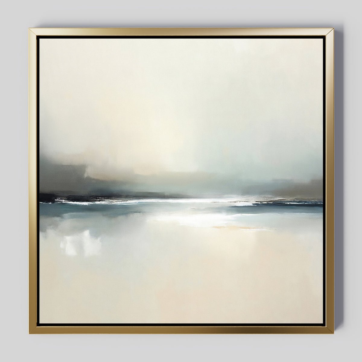 Veiled Estuary Canvas Art - Square: A minimalist abstract painting in a gold frame, presenting soft cream, gray, and blue hues that evoke a calm seascape or horizon with gentle reflections beneath a cloudy sky. Contemporary wall art for serene spaces.