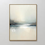 The Veiled Estuary Canvas Art - Vertical features a minimalist abstract landscape with soft beige, gray, and blue tones, a reflective water surface, and comes framed in thin gold—perfect for adding Nordic-inspired serenity to light-colored walls.