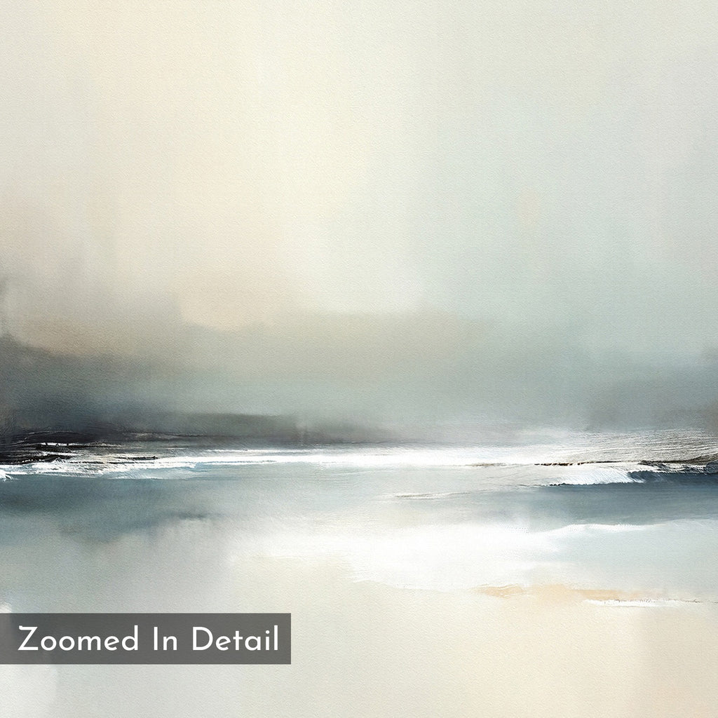 The Veiled Estuary Canvas Art - Vertical features soft, blended shades of gray, blue, and beige for a serene landscape look. This calm, minimal wall art includes smooth color transitions and “Zoomed In Detail” text in the corner.