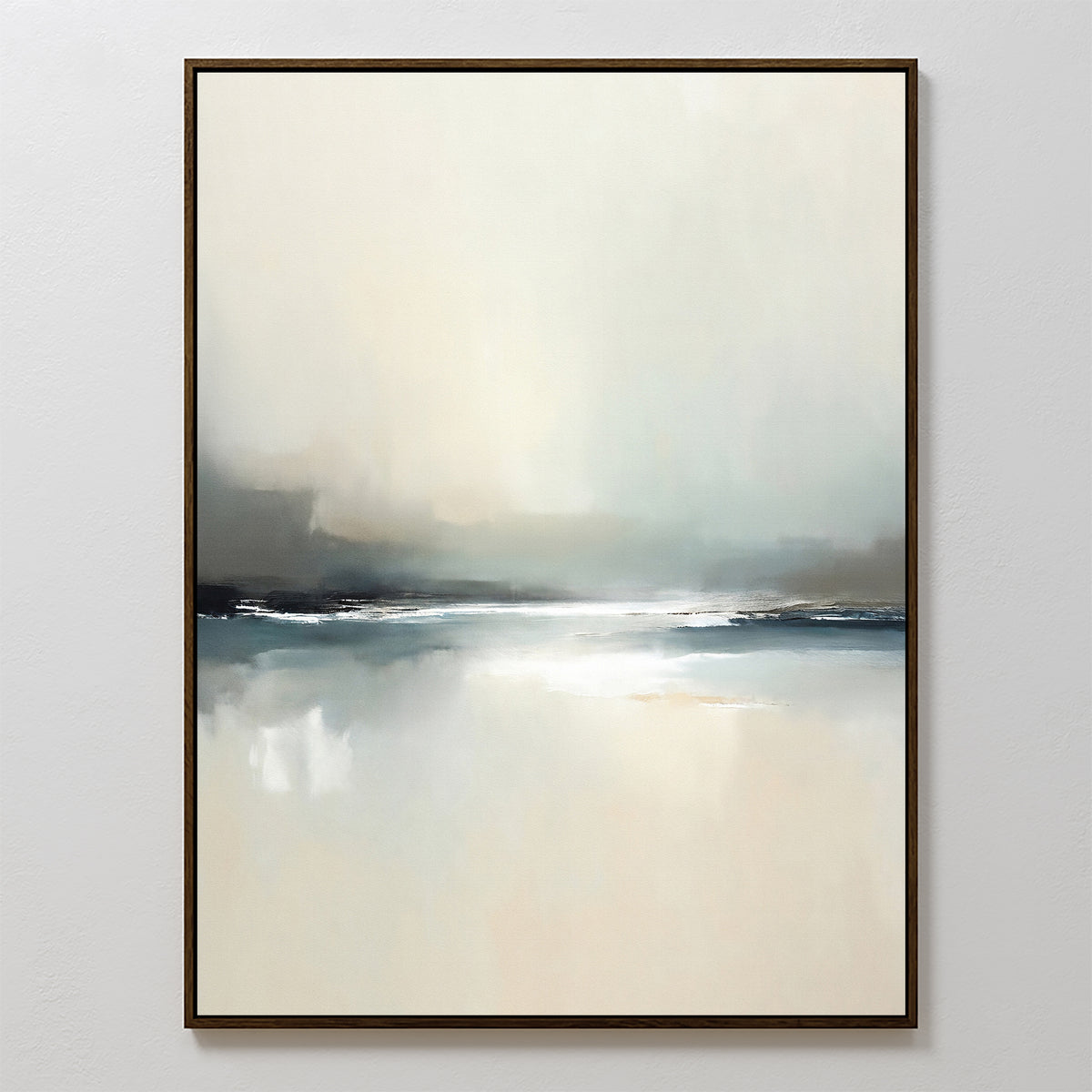 The Veiled Estuary Canvas Art - Vertical features a minimalist abstract design with soft, blurred tones of white, gray, and blue. Framed in a slim dark frame, it adds serene contemporary style to any light wall.