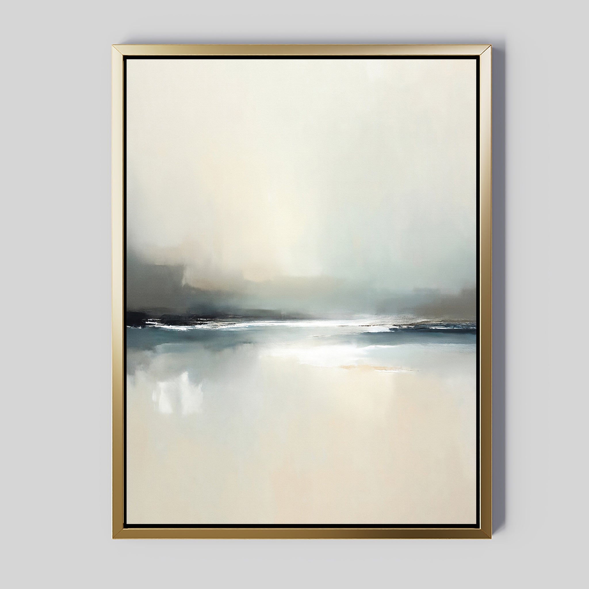 The Veiled Estuary Canvas Art - Vertical features a serene, misty landscape with soft blends of beige, gray, and blue—perfect contemporary wall decor for any space.