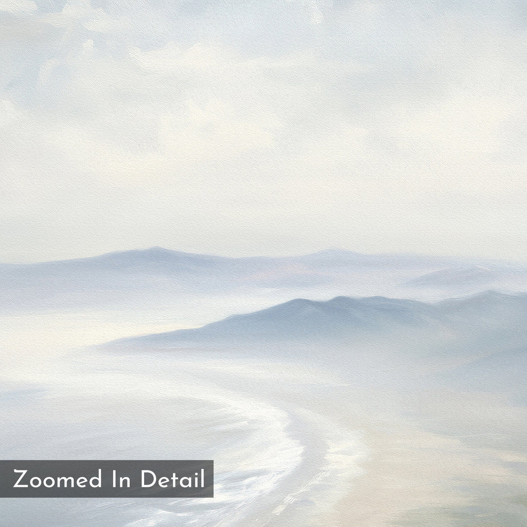 The Veiled Shores Canvas Art - Square features a soft, pastel coastal landscape with misty mountains, a curving shoreline, gentle waves, and "Zoomed In Detail" text in the bottom left for a serene, dreamy touch.