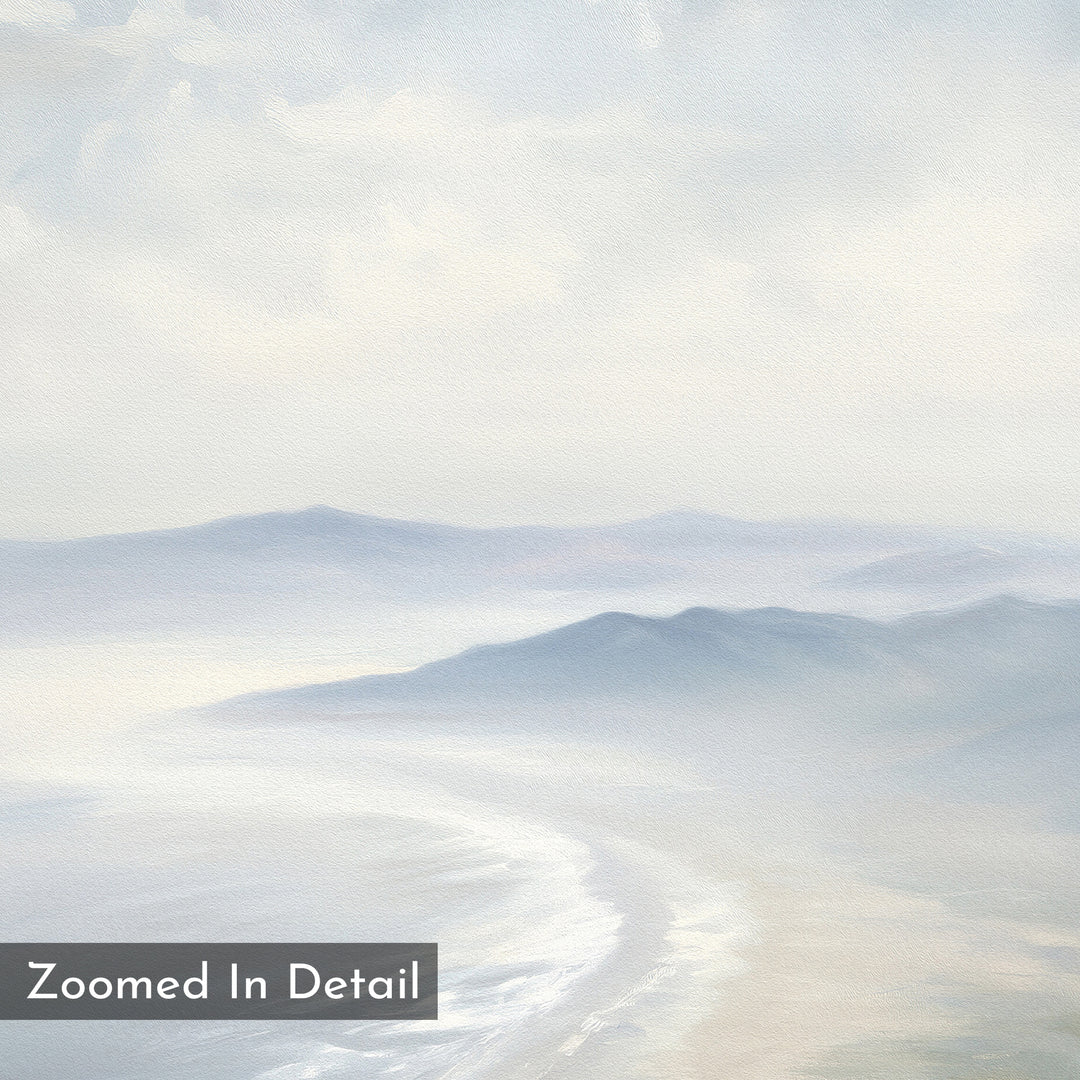 The Veiled Shores Canvas Art - Square features a soft, pastel coastal landscape with misty mountains, a curving shoreline, gentle waves, and "Zoomed In Detail" text in the bottom left for a serene, dreamy touch.